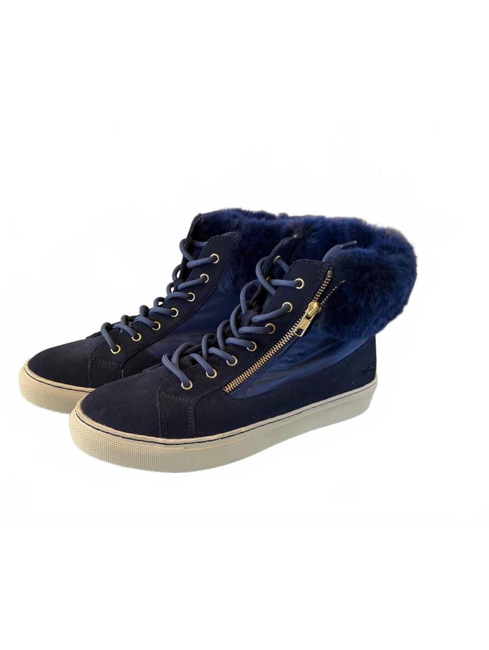 Size 10 Navy Blue High Top Sneakers Fur Collar and Side Zipper